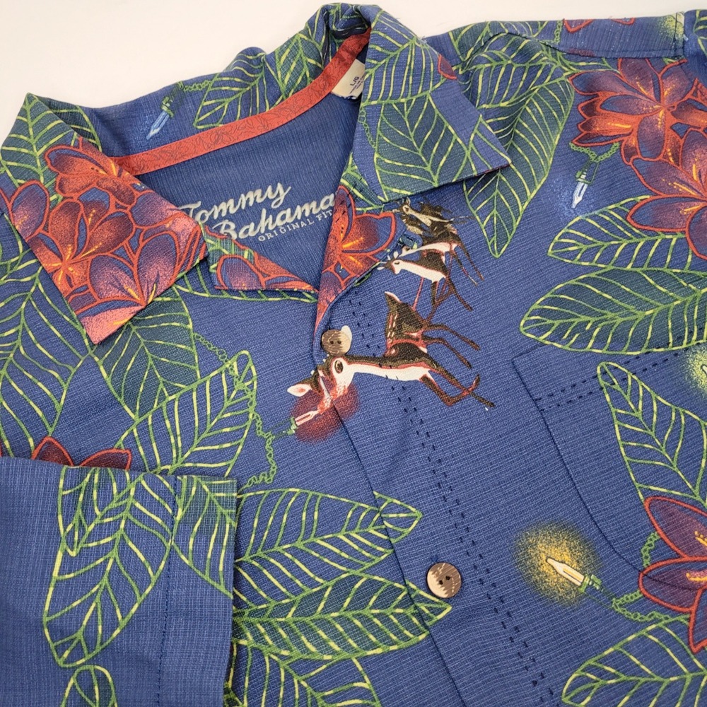 Tommy Bahama Shirt Mens Large Blue Good Silk Holiday Reindeer Tropical Floral